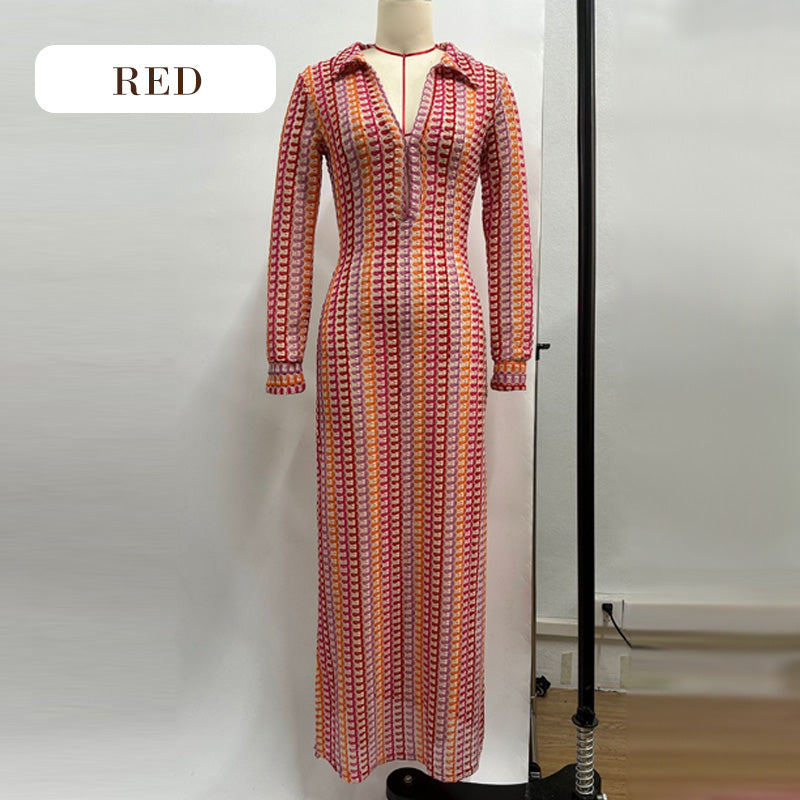 Beach Knit Colorful Print Long-Sleeve Maxi Dress