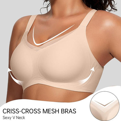 Women's Wireless V-Neck Crossover Mesh Seamless Push-Up Bra