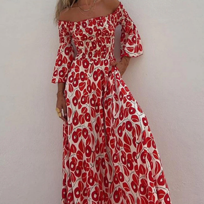 Close To The Vacation Floral Print Smocked Off Shoulder Pocketed Maxi Dress