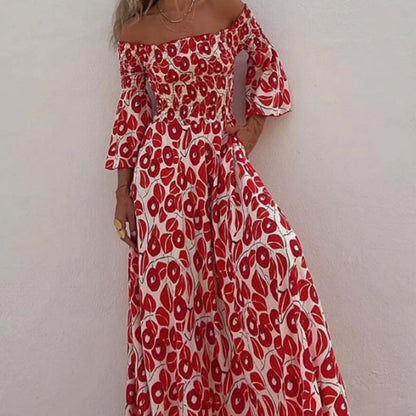 Close To The Vacation Floral Print Smocked Off Shoulder Pocketed Maxi Dress