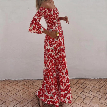 Close To The Vacation Floral Print Smocked Off Shoulder Pocketed Maxi Dress
