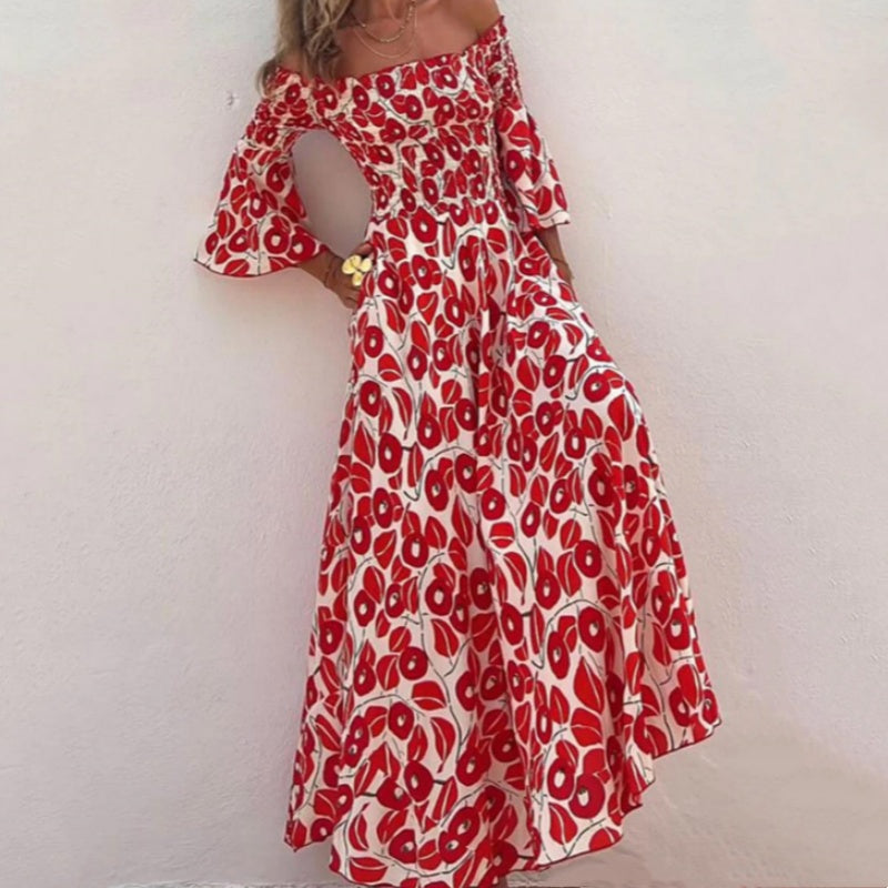 Close To The Vacation Floral Print Smocked Off Shoulder Pocketed Maxi Dress