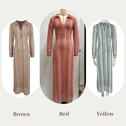 Beach Knit Colorful Print Long-Sleeve Maxi Dress