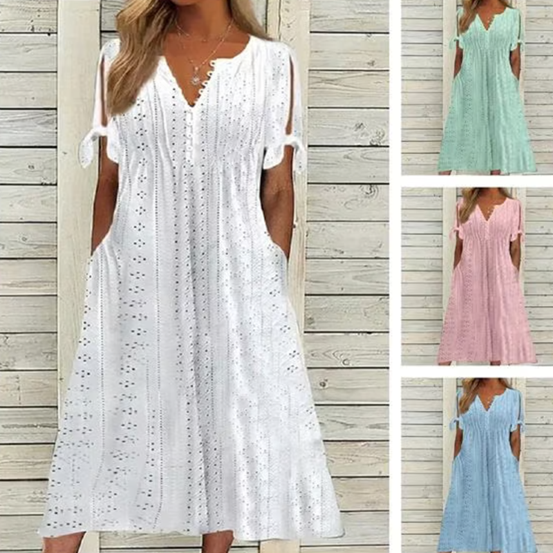 Women's Elegant V-Neck Hollow-Out Solid Dress