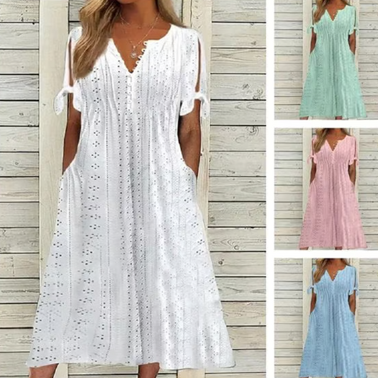 Women's Elegant V-Neck Hollow-Out Solid Dress